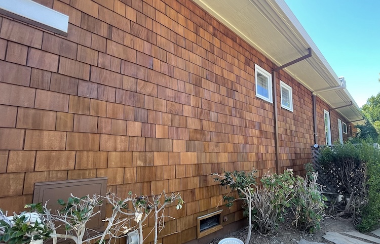 Cedar shingle siding in Cupertino after professional cleaning, staining, and restoration