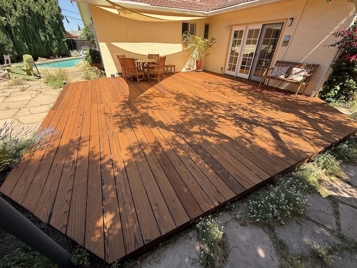 Redwood deck in Cupertino after professional cleaning, brightening, and staining