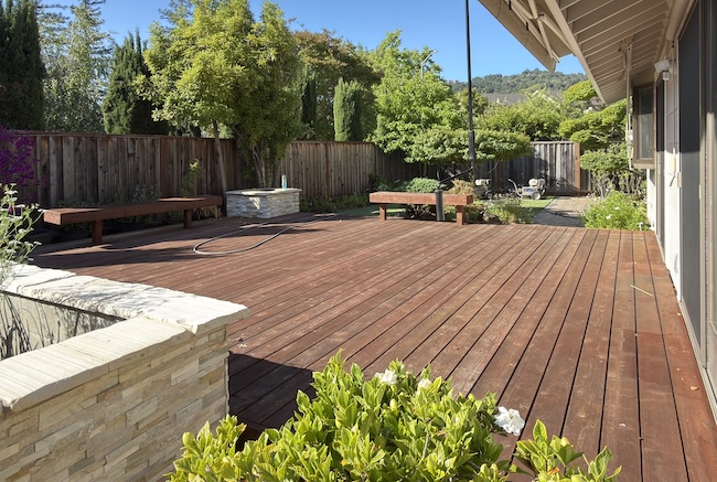 Redwood deck in Cupertino before light sanding and maintenance staining