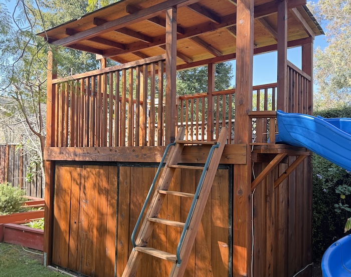 Wood play structure in Cupertino after professional cleaning, sanding, and staining