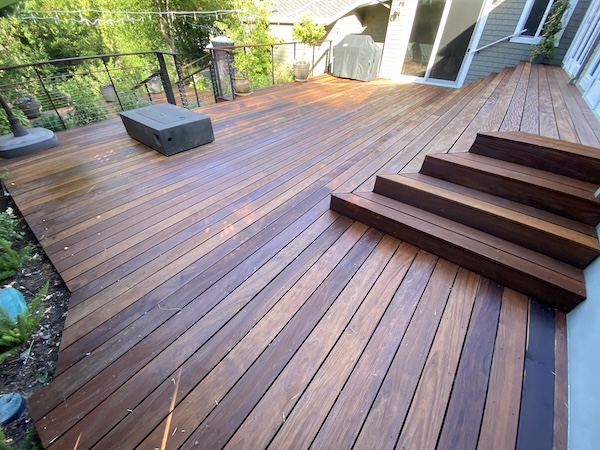 IPE hardwood deck after refinishing in Los Gatos, California with restored natural color and premium penetrating IPE oil finish