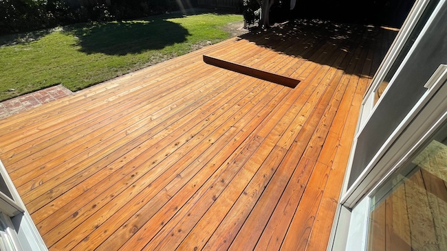 Restored redwood deck after professional cleaning, refinishing, and staining in Los Altos.