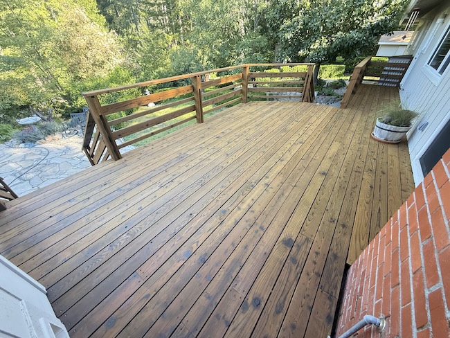 Redwood deck in the Los Gatos Hills after professional sanding, staining, and refinishing