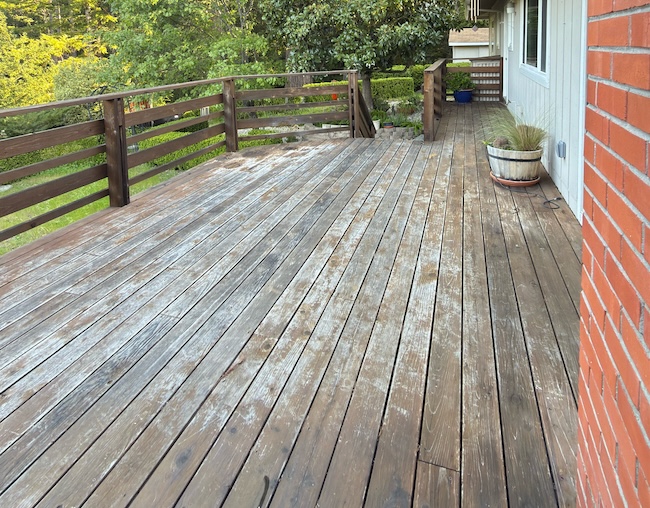 Weathered redwood deck in the Los Gatos Hills before sanding and refinishing