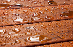 Water beading on a sealed wood deck demonstrating water repellency