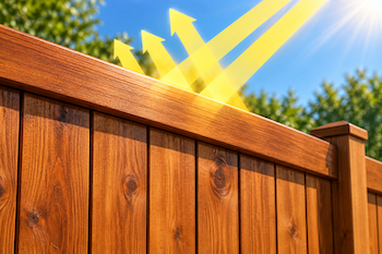 Newly stained and sealed wood fence protected from UV exposure and sun damage
