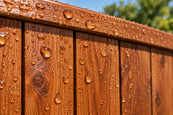 Water beading on a newly stained and sealed wood fence