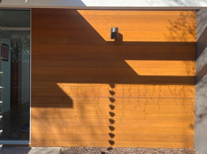 Cedar siding in Palo Alto after sanding and staining restored its natural blond color
