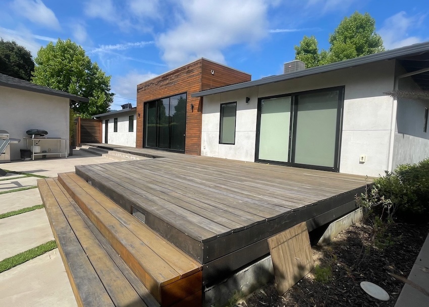 Weathered IPE deck and cedar siding in Saratoga before sanding and refinishing