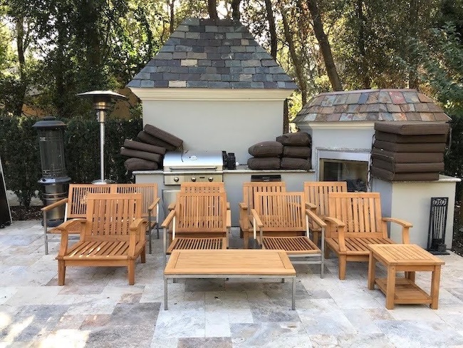Restored teak patio seating set after professional refinishing in Los Altos