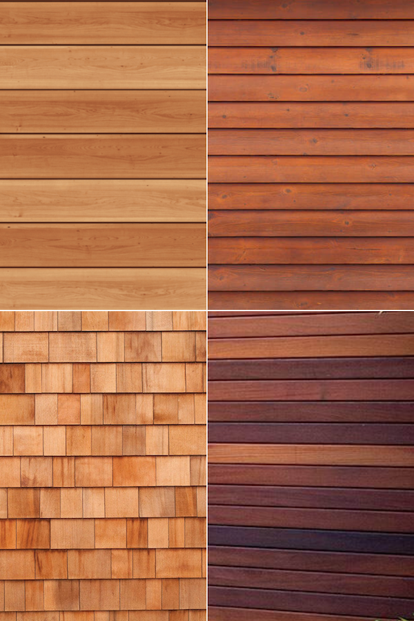 Different types of exterior wood siding we professionally refinish, including Cedar Shingles, IPE Siding, Cedar Siding, & Redwood Siding